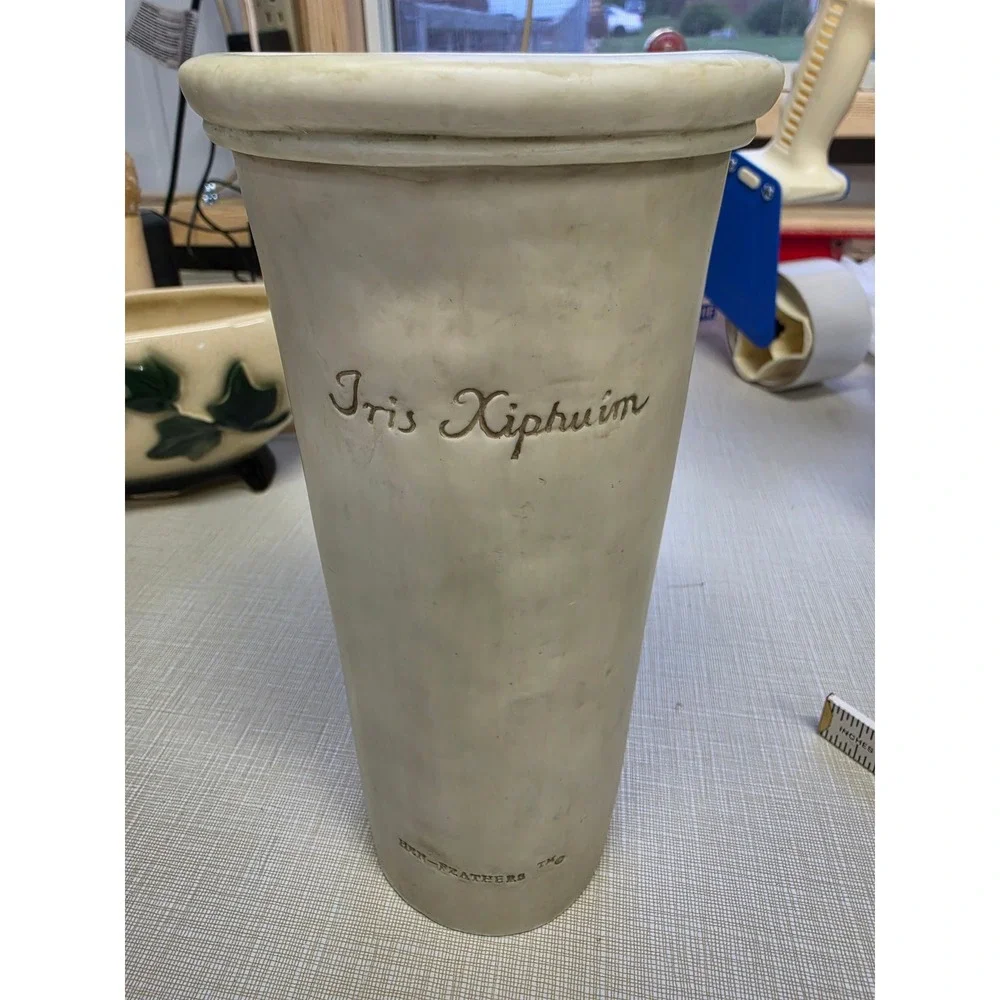 Hen-Feathers Iris Xiphium Hand-Cast Resin Vase Purple Floral 3D Relief 9.5 Inch